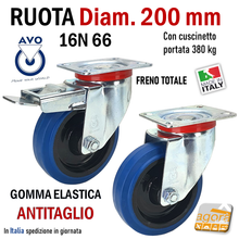 Carica l'immagine nel visualizzatore di Gallery, RUOTA GOMMA ELASTICA BLU DIAMETRO 200MM GIREVOLE CON PIASTRA CON FRENO SENZA FRENO 16N AVO INDUSTRIA RUOTE 66 66ANT 14310 14304