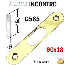 Load image into Gallery viewer, Riscontro Gaccia G 565 Bonaiti 90x18 x Serrature Scorrevoli scrigno a gancio contropiastra serrature scrigno 18x90 mm P35650001T Ottone Lucido ottonata gialla lastrina