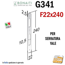 Carica l'immagine nel visualizzatore di Gallery, CONTROPIASTRA INCONTRO RISCONTRO GACCIA SERRATURA PORTA YALE BONAITI FRONTALE TONDO 240X22MM F22 PER SERRATURE CILINDRO YALE