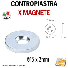 Carica l'immagine nel visualizzatore di Gallery, CONTROPIASTRA CALAMITA PER MOBILI MAGNETE TONDA D15x2 FORO SVASATO D4 pz10 professionale