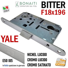 Carica l'immagine nel visualizzatore di Gallery, Serratura Porta Bonaiti B- Bitter T69 meccanica YALE eurocilindro scrocco centrale plastica Frontale 196x18mm F18x196 Entrata 50mm Interasse 85mm Cromata Cromo satinata Lucida