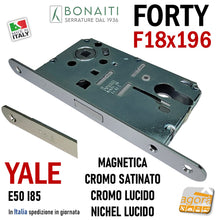 Carica l'immagine nel visualizzatore di Gallery, SERRATURA PORTA INTERNA MAGNETICA FORTY BONAITI N69 YALE FRONTALE 18X196MM E50 I85 CROMO SATINATO frontale 196x18 entrata 5cm per cilindri intercambiabili 48N69050 CROMO LUCIDO CROMATA Nichelata