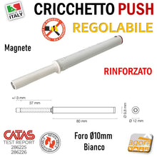 Carica l'immagine nel visualizzatore di Gallery, CRICCHETTO PUSH FORTE MAGNETE REGOLABILE INCASSO D10 LUNGO BIANCO PER APERTURA ANTE INVISIBILI MOBILE SENZA MANIGLIA foro 10mm x 80 8cm rinforzato magnetico