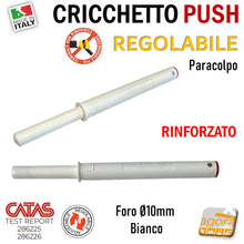 Load image into Gallery viewer, CRICCHETTO PUSH FORTE PARACOLPO REGOLABILE INCASSO D10 LUNGO BIANCO PER APERTURA ANTE INVISIBILI MOBILE SENZA MANIGLIA foro 1cm 10mm da incassare per mobili con gommino senza magnete rinforzato tappo rosso