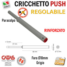 Carica l'immagine nel visualizzatore di Gallery, Cricchetti push incassati foro diametro 10mm d 1 cm per mobili. Cricchetti regolabili da incassare modello lungo corsa 40mm 37mm uscita 4cm foro 10x80mm colore grigio chiaro argento con paracolpo strong forte rinforzato