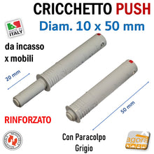 Carica l'immagine nel visualizzatore di Gallery, CRICCHETTO PUSH FORTE PARACOLPO REGOLABILE INCASSO D10 CORTO GRIGIO CORSA 20MM PER APERTURA ANTE INVISIBILI MOBILE SENZA MANIGLIA corsa 2cm foro 10mm lunghezza 5cm strong rinforzato