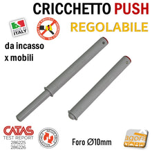 Carica l'immagine nel visualizzatore di Gallery, Cricchetto push incasso foro diametro 10mm d 1 cm per mobili. Cricchetti regolabili da incassare modello lungo foro 10x80mm colore grigio chiaro argento con paracolpo strong forte rinforzato fondello rosso. professionale alta qualità