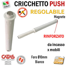 Carica l'immagine nel visualizzatore di Gallery, CRICCHETTO PUSH FORTE MAGNETE REGOLABILE INCASSO D10 LUNGO BIANCO PER APERTURA ANTE INVISIBILI MOBILE SENZA MANIGLIA foro 10mm x 80 8cm rinforzato magnetico tappo rosso