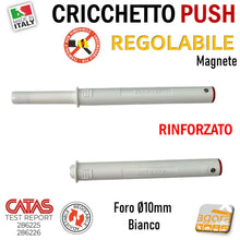 Carica l'immagine nel visualizzatore di Gallery, CRICCHETTI PUSH FORTE MAGNETE REGOLABILI INCASSATO D10 LUNGO BIANCO PER APERTURA ANTE INVISIBILI MOBILI SENZA MANIGLIA foro 10mm x 80 8cm rinforzato magnetico