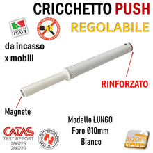 Carica l'immagine nel visualizzatore di Gallery, CRICCHETTO PUSH FORTE MAGNETE REGOLABILE INCASSO D10 LUNGO BIANCO PER APERTURA ANTE INVISIBILI MOBILE SENZA MANIGLIA foro 10mm x 80 8cm rinforzato magnetico corsa 37mm 40mm