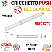 Load image into Gallery viewer, CRICCHETTO PUSH FORTE PARACOLPO REGOLABILE INCASSO D10 LUNGO BIANCO PER APERTURA ANTE INVISIBILI MOBILE SENZA MANIGLIA incassato per mobili