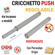 Carica l'immagine nel visualizzatore di Gallery, Cricchetto push incasso foro diametro 10mm d 1 cm per mobili. Cricchetti regolabili da incassare modello lungo foro 10x80mm colore grigio chiaro argento con paracolpo strong forte rinforzato