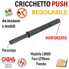 Carica l'immagine nel visualizzatore di Gallery, Cricchetto push regolabile per mobili da incassare incasso foro diametro 10mm x 80mm 8cm strong forte rinforzato lungo uscita 4cm 37mm corsa lunga grigio scuro piombo con paracolpo cricchetti click clack per ante senza maniglia