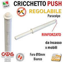 Load image into Gallery viewer, CRICCHETTO PUSH FORTE PARACOLPO REGOLABILE INCASSO D10 LUNGO BIANCO PER APERTURA ANTE INVISIBILI MOBILE SENZA MANIGLIA foro 1cm 10mm da incassare per mobili con gommino senza magnete