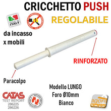 Load image into Gallery viewer, CRICCHETTO PUSH FORTE PARACOLPO REGOLABILE INCASSO D10 LUNGO BIANCO PER APERTURA ANTE INVISIBILI MOBILE SENZA MANIGLIA foro 1cm 10mm da incassare per mobili con gommino senza magnete rinforzato