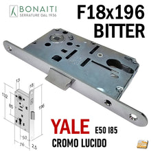 Carica l'immagine nel visualizzatore di Gallery, Serratura Porta Bonaiti B- Bitter T69 meccanica YALE eurocilindro scrocco centrale plastica Frontale 196x18mm F18x196 Entrata 50mm Interasse 85mm 48T69050CE CR Lucido Cromata Lucida