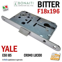 Carica l'immagine nel visualizzatore di Gallery, Serratura Porta Bonaiti B- Bitter T69 meccanica YALE eurocilindro scrocco centrale plastica Frontale 196x18mm F18x196 Entrata 50mm Interasse 85mm 48T69050CE CROMO Lucido Cromata