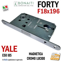 Carica l'immagine nel visualizzatore di Gallery, SERRATURA PORTA INTERNA MAGNETICA FORTY BONAITI N69 YALE FRONTALE 18X196MM E50 I85 CROMO frontale 196x18 entrata 5cm per cilindri intercambiabili 48N69050CE LUCIDO CROMATA