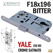 Carica l'immagine nel visualizzatore di Gallery, Serratura Porta Bonaiti B- Bitter T69 meccanica YALE eurocilindro scrocco centrale plastica Frontale 196x18mm F18x196 Entrata 5cm Interasse 85mm 48T6905083 CROMO SATINATO Cromata satinata