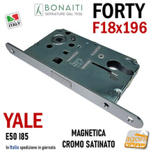 Carica l'immagine nel visualizzatore di Gallery, SERRATURA PORTA INTERNA MAGNETICA FORTY BONAITI N69 YALE FRONTALE 18X196MM E50 I85 CROMO SAT frontale 196x18 entrata 5cm per cilindri intercambiabili 48N690508E CROMATA SATINATA