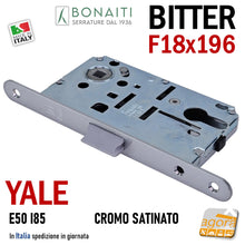 Carica l'immagine nel visualizzatore di Gallery, Serratura Porta Bonaiti B- Bitter T69 meccanica YALE eurocilindro scrocco centrale plastica Frontale 196x18mm F18x196 Entrata 50mm Interasse 85mm 48T6905083 CROMO SATINATO Cromata satinata