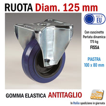 Carica l'immagine nel visualizzatore di Gallery, RUOTA Diametro 125 MM 12,5cm IN GOMMA ELASTICA BLU ANTITAGLIO PIASTRA ACCIAIO ZINCATA/CROMATA 100x80mm interasse fori fissaggio 80x60mm Ruote carrelli alta qualità robuste FISSA
