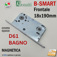 Load image into Gallery viewer, SERRATURA PORTA MAGNETICA B- SMART BONAITI D61 BAGNO FRONTALE 18X190MM E50 I90 CROMO OPACO f 190x18 wc toilet entrata 5cm interasse 9cm quadro in basso 6x6mm satinata