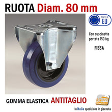 Carica l'immagine nel visualizzatore di Gallery, Ruota per carrello ruote x carrelli con piastra mm 100x80 fori interasse 80x60mm girevole fissa in gomma blu super elastica silenziosa antitraccia antimacchia cuscinetti a sfere alta portata professionale made in EU Italy serie KR Diametro 80mm