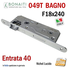 Carica l'immagine nel visualizzatore di Gallery, SERRATURA PORTA BAGNO FRONTALE 18x240mm BONAITI 049T-40 CROMO E40 I90 NICHEL LUCIDO entrata 4cm 40mm interasse 9cm 90mm doppio quadrotto 6x6mm bordo tondo meccanica 48049040)E