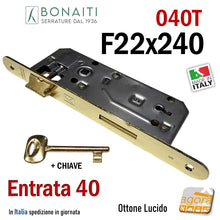 Load image into Gallery viewer, serratura porta bonaiti 040T 40T frontale 22x240 f 24cm chiave patent grande ottone entrata 40 mm interasse 90mm e 4cm