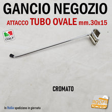 Load image into Gallery viewer, Gancio in filo D 6 x 250mm cromato arredamento negozi attrezzatura per negozio ganci allestimento appendere portablister slatwall cm 25 attacco barra ovale x tubi ovali tubo ovale 30x15mm 35x15mm robusto lungo