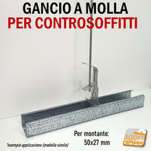 Carica l'immagine nel visualizzatore di Gallery, GANCIO CON MOLLA PER PROFILO SOFFITTO CARTONGESSO 50x27 CONTROSOFFITTO SOSPENSIONE PENDINO D4