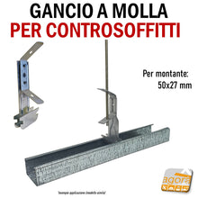 Carica l'immagine nel visualizzatore di Gallery, GANCIO CON MOLLA PER PROFILO SOFFITTO CARTONGESSO 50x27 CONTROSOFFITTO SOSPENSIONE PENDINO D4