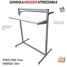 Load image into Gallery viewer, espositore attrezzabile per negozio con ripiani con barre aderenti porta ganci con barre appenderia per vestiti cavettata p35 larghezza 120cm