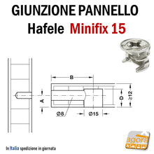 Carica l'immagine nel visualizzatore di Gallery, Giunzioni pannello eccentrica eccentrico Minifix D15 senza bordo Hafele per pannelli spessore 19mm foro diametro 15 nickel nichelata testa conica