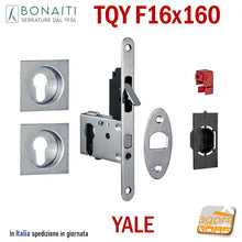 Carica l'immagine nel visualizzatore di Gallery, serratura per porte scorrevoli scrigno con cilindro yale maniglie quadrate con tirante frontale 160x16 bonaiti EASY TQY G500T Cromo satinato