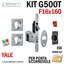 Carica l'immagine nel visualizzatore di Gallery, serratura per porte scorrevoli scrigno con cilindro yale maniglie quadrate con tirante frontale 160x16 bonaiti EASY TQY G500T Cromo satinato