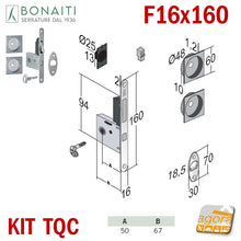 Carica l'immagine nel visualizzatore di Gallery, KIT SERRATURA PER PORTA SCORREVOLE BONAITI G500T F16X160 CHIAVE A SPILLO PIEGHEVOLE MODELLO CON TIRANTE COMPLETO DI CONTROPIASTRA E MANIGLIE QUADRATE KIT EASY CON SERRATURA G500T CHIAVE - QUADRATO frontale 160x16 chiave cromo satinato 4UH2005087 maniglia quadrata con foro