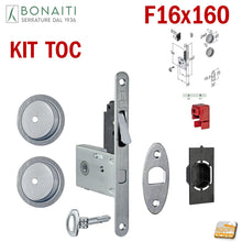 Carica l'immagine nel visualizzatore di Gallery, KIT SERRATURA PER PORTA SCORREVOLE BONAITI G500T F16X160 CHIAVE A SPILLO PIEGHEVOLE MODELLO CON TIRANTE COMPLETO DI CONTROPIASTRA E MANIGLIE TONDE - KIT EASY CON SERRATURA G500T CHIAVE - TONDO 4TH2005087 cromo satinato cromato sat