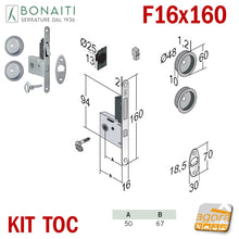Carica l'immagine nel visualizzatore di Gallery, KIT SERRATURA PER PORTA SCORREVOLE BONAITI G500T F16X160 CHIAVE A SPILLO PIEGHEVOLE MODELLO CON TIRANTE COMPLETO DI CONTROPIASTRA E MANIGLIE TONDE - KIT EASY CON SERRATURA G500T CHIAVE - TONDO 4TH2005087 cromo satinato cromato sat