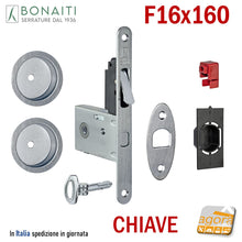 Carica l'immagine nel visualizzatore di Gallery, KIT SERRATURA PER PORTA SCORREVOLE BONAITI G500T F16X160 CHIAVE A SPILLO PIEGHEVOLE MODELLO CON TIRANTE COMPLETO DI CONTROPIASTRA E MANIGLIE TONDE - KIT EASY CON SERRATURA G500T CHIAVE - TONDO 4TH2005087 cromo satinato cromato sat