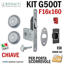 Carica l'immagine nel visualizzatore di Gallery, KIT SERRATURA PER PORTA SCORREVOLE BONAITI G500T F16X160 CHIAVE A SPILLO PIEGHEVOLE MODELLO CON TIRANTE COMPLETO DI CONTROPIASTRA E MANIGLIE TONDE - KIT EASY CON SERRATURA G500T CHIAVE - TONDO 4TH2005087 cromo satinato cromato sat