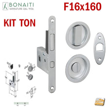 Carica l'immagine nel visualizzatore di Gallery, Art.115196 KIT SERRATURA PER PORTA SCORREVOLE BONAITI G500T F16X160 PER BAGNO (MONETA X WC LIBERO/OCCUPATO) MODELLO CON TIRANTE COMPLETO DI CONTROPIASTRA E MANIGLIE TONDE 4TH2105087 cromo satinato satinata KIT EASY Manigliette tonde per bagno wc quadro 8x8