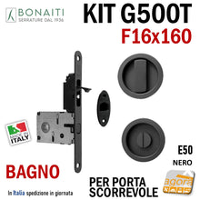 Carica l'immagine nel visualizzatore di Gallery, KIT SERRATURA PER PORTA SCORREVOLE BONAITI G500T F16X160 PER BAGNO MONETA X WC LIBERO-OCCUPATO MODELLO CON TIRANTE COMPLETO DI CONTROPIASTRA E MANIGLIE TONDE 4TH21050K7 nero nera matt black in pronta consegna