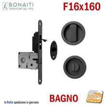 Carica l'immagine nel visualizzatore di Gallery, KIT SERRATURA PER PORTA SCORREVOLE BONAITI G500T F16X160 PER BAGNO MONETA X WC LIBERO-OCCUPATO MODELLO CON TIRANTE COMPLETO DI CONTROPIASTRA E MANIGLIE TONDE 4TH21050K7 nero nera matt black offerta