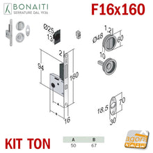 Carica l'immagine nel visualizzatore di Gallery, KIT SERRATURA PER PORTA SCORREVOLE BONAITI G500T F16X160 PER BAGNO (MONETA X WC LIBERO/OCCUPATO) MODELLO CON TIRANTE COMPLETO DI CONTROPIASTRA E MANIGLIE TONDE 4TH2105087 cromo satinato satinata TON