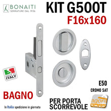 Carica l'immagine nel visualizzatore di Gallery, Art.115196 KIT SERRATURA PER PORTA SCORREVOLE BONAITI G500T F16X160 PER BAGNO (MONETA X WC LIBERO/OCCUPATO) MODELLO CON TIRANTE COMPLETO DI CONTROPIASTRA E MANIGLIE TONDE 4TH2105087 cromo satinato satinata KIT EASY Manigliette tonde per bagno wc quadro 8x8