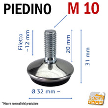 Carica l'immagine nel visualizzatore di Gallery, Piedino filettato metrico M10 corto conico acciaio nichelato lucido cromato bello design robusto rotondo diametro 32mm H31mm piede piedi piedini metallo MA10x20