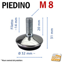 Carica l'immagine nel visualizzatore di Gallery, Piedino filettato metrico M8 corto conico acciaio nichelato lucido cromato bello design robusto rotondo diametro 32mm H31mm piede piedi piedini metallo