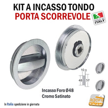 Carica l'immagine nel visualizzatore di Gallery, KIT MANIGLIA PER PORTA SCORREVOLE BOCCHETTA SCRIGNO FORO 48 D57 DOPPIA-LEVA BASSA CR SAT TONDA righel ribassato doppia maniglia a filo con ditale di trascinamento art 82 82SSCS